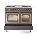 ILVE 40-Inch Nostalgie II Noblesse Natural Gas Dual Fuel Range with Triple Glass Door Oven in Matte Graphite with Brass Trim (UND40FNMPMGG)