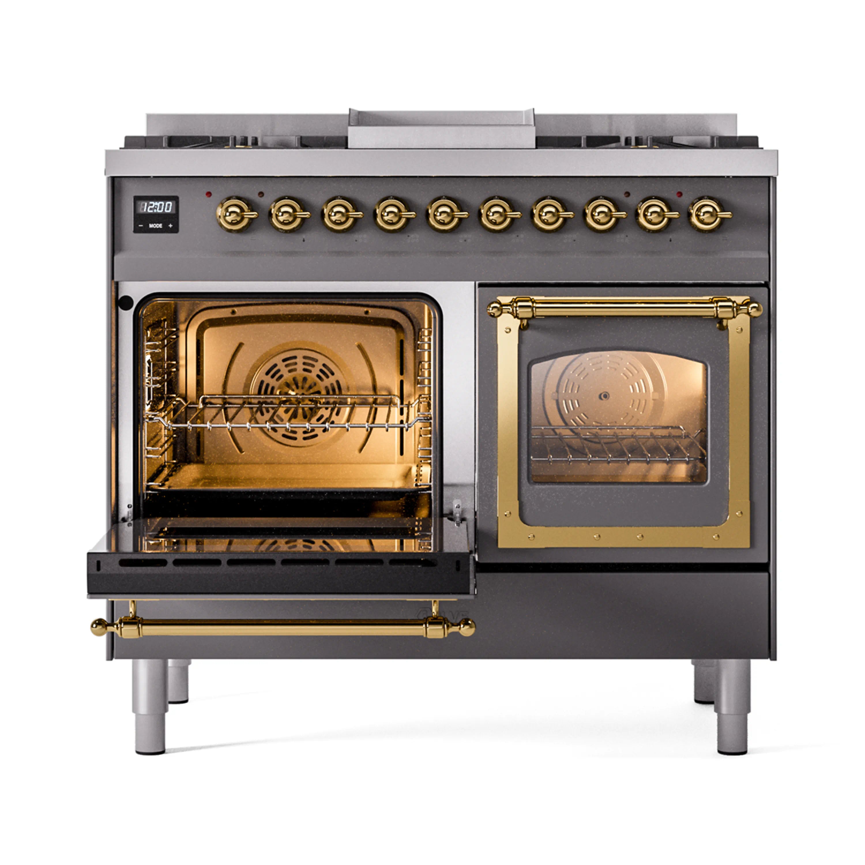 ILVE dual fuel range with matte graphite finish, open ovens, and brass-framed glass doors