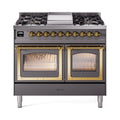 ILVE 40-Inch Nostalgie II Noblesse Natural Gas Dual Fuel Range with Triple Glass Door Oven in Matte Graphite with Brass Trim (UND40FNMPMGG)