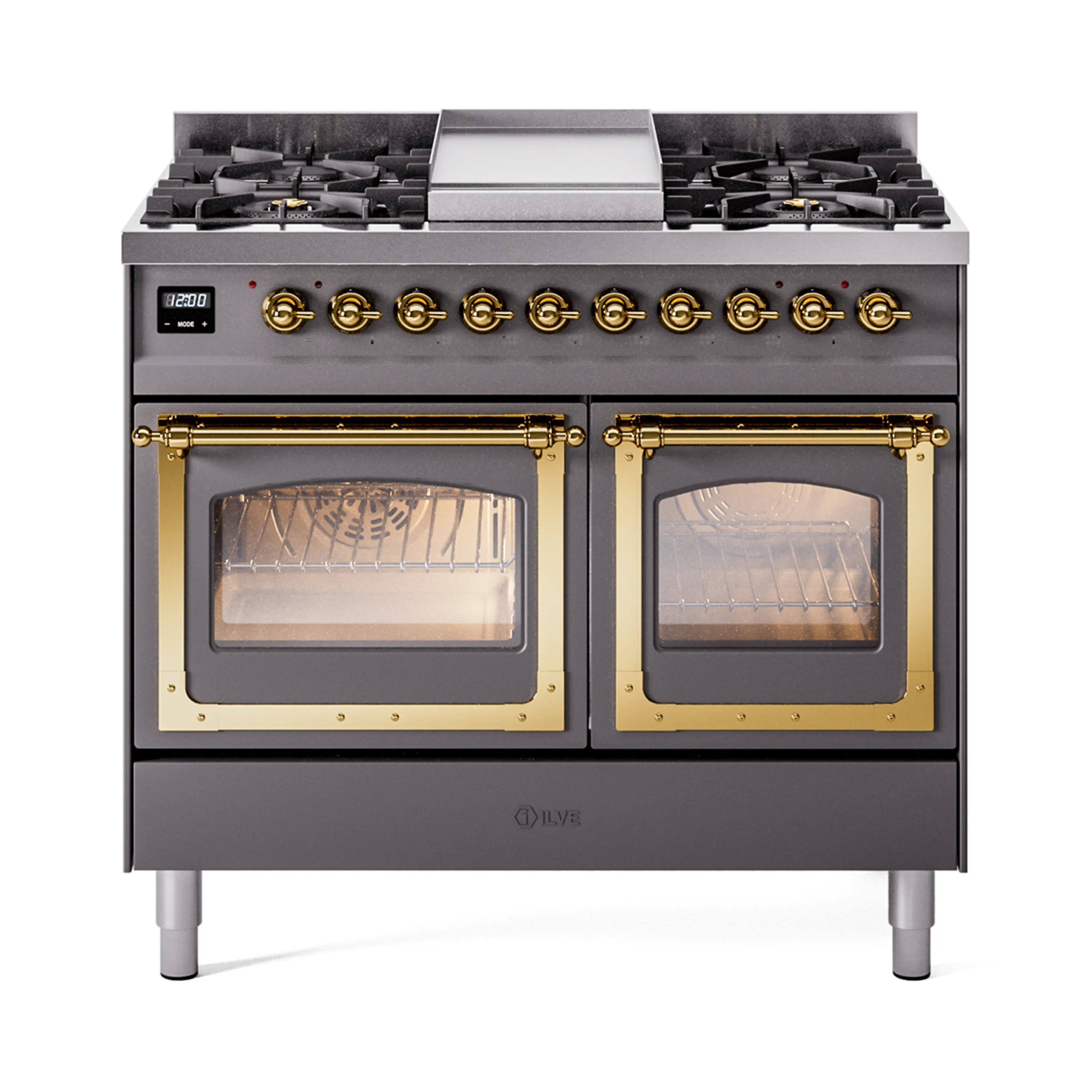 ILVE dual fuel range in matte graphite with brass trim and twin glass oven doors