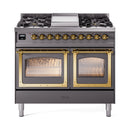 ILVE 40-Inch Nostalgie II Noblesse Natural Gas Dual Fuel Range with Triple Glass Door Oven in Matte Graphite with Brass Trim (UND40FNMPMGG)