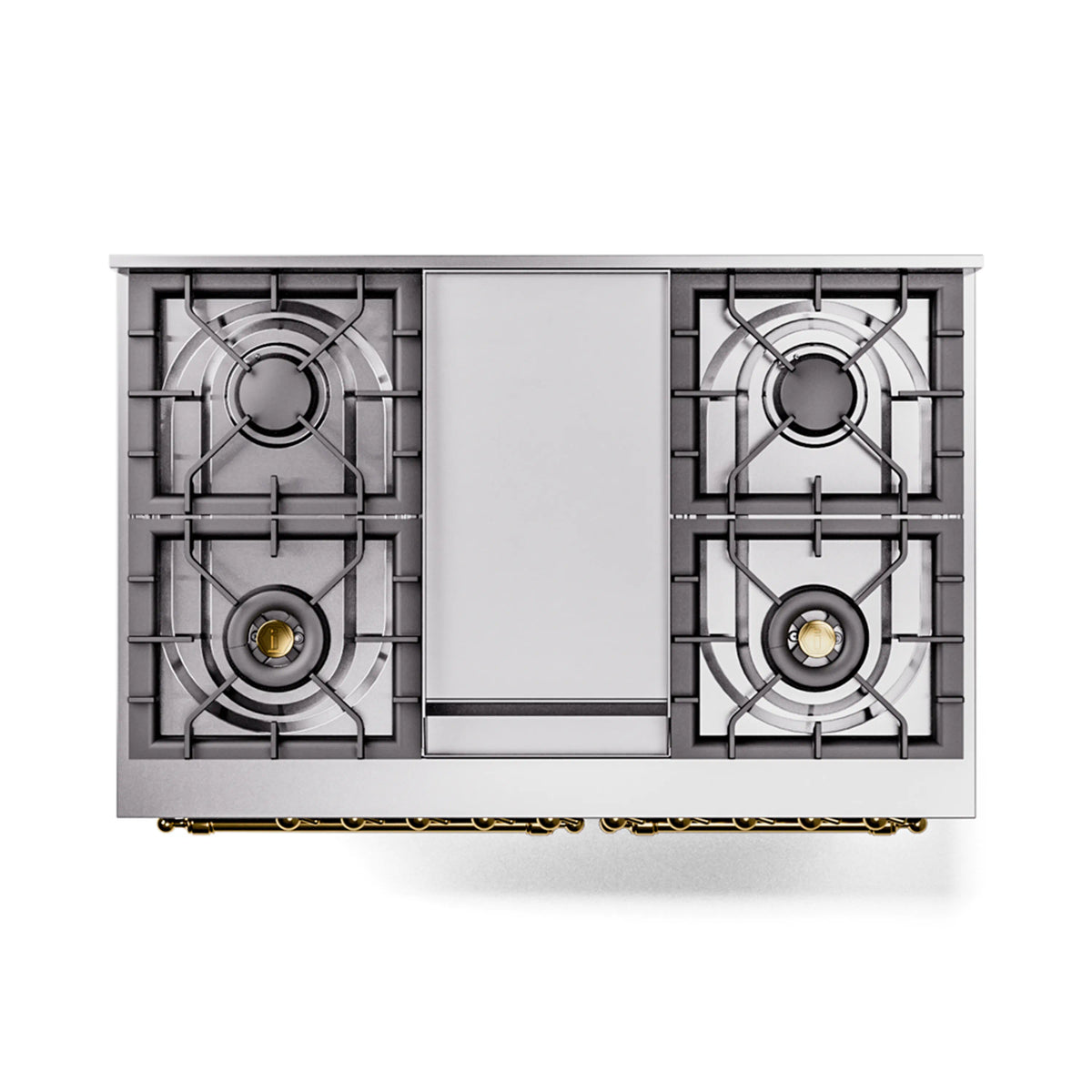 ILVE dual fuel cooktop with four burners in matte graphite; brass gas trim accents