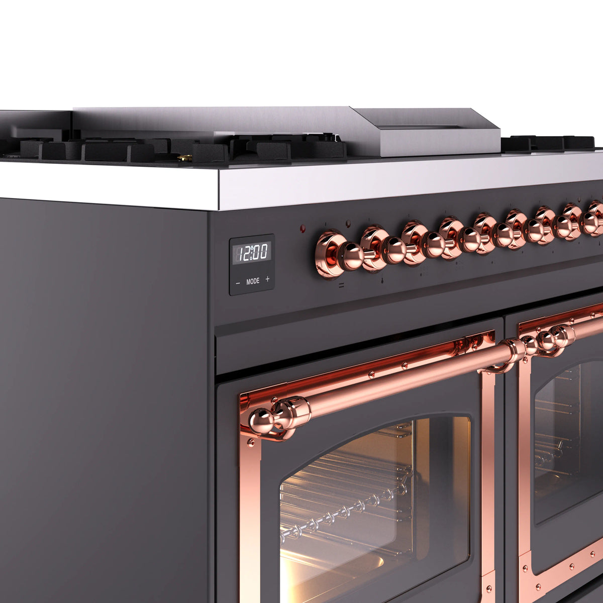 Matte graphite range with copper control knobs and a glass oven door with copper trim