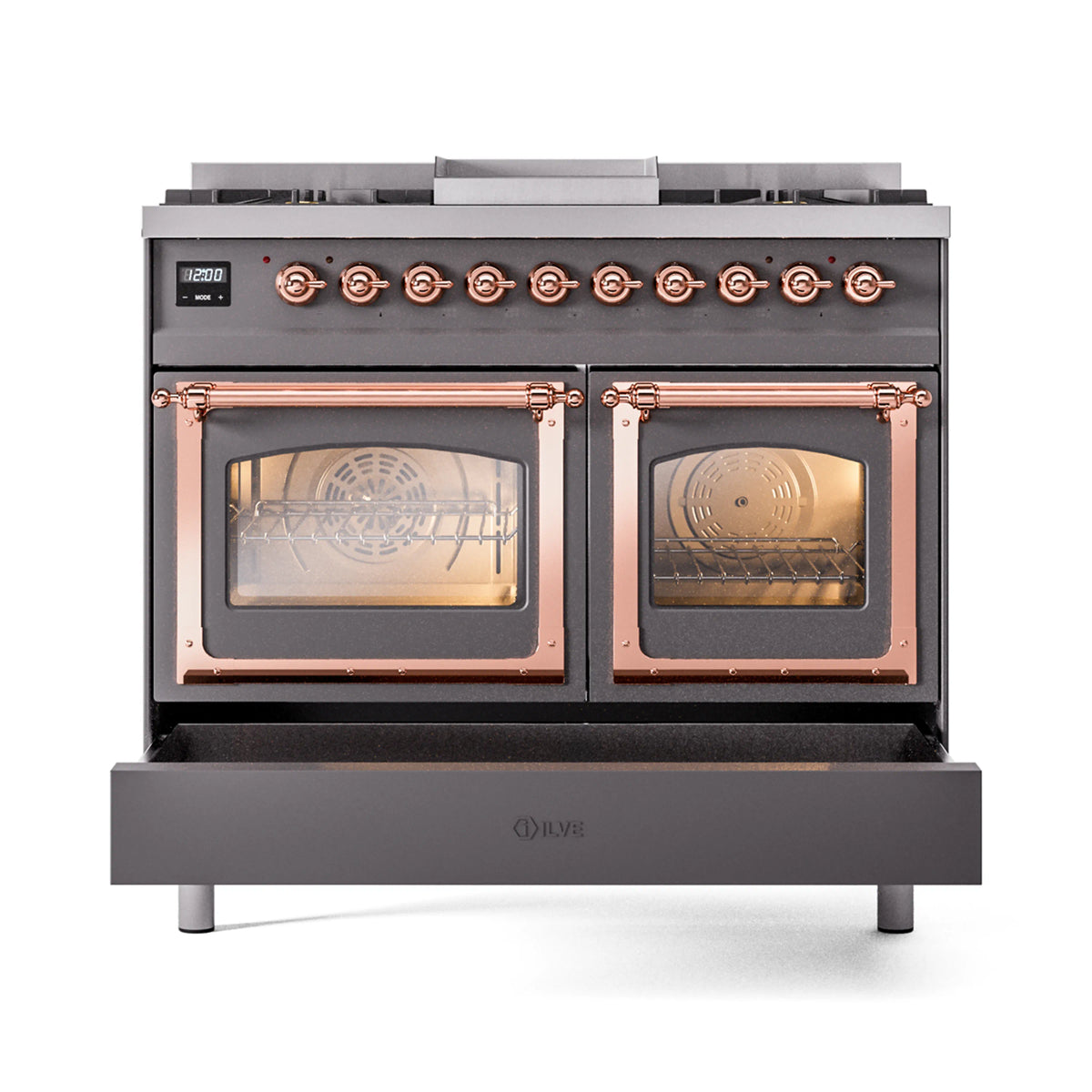 Matte graphite range with copper-trimmed oven doors open and both interiors lit