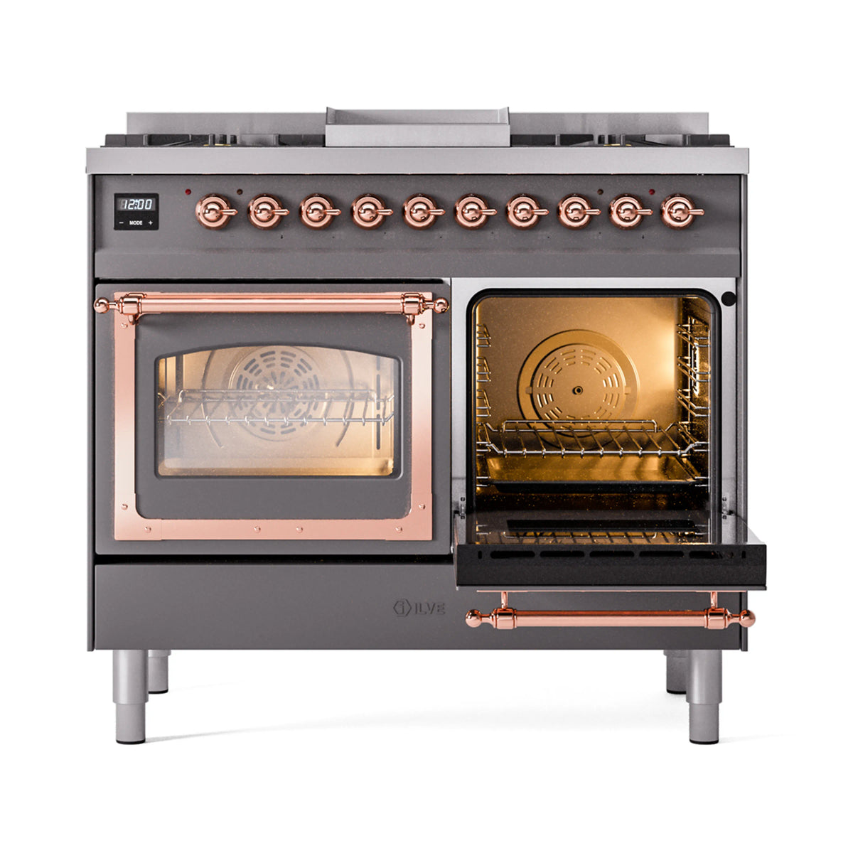 Matte graphite dual fuel range with left oven door open and right oven door open
