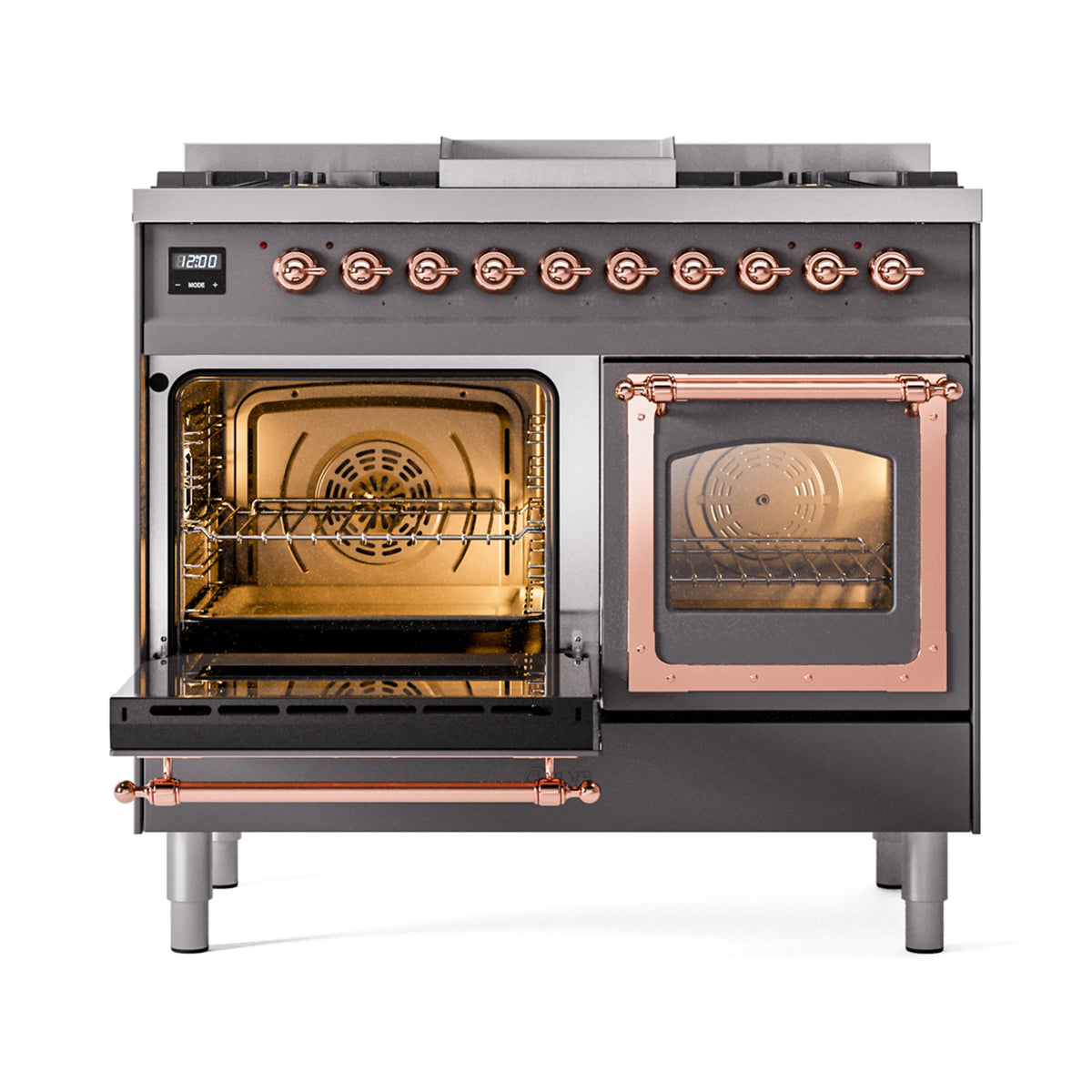 Matte graphite range with right oven door open, left oven door open, copper trim visible