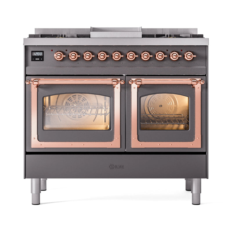 ILVE 40-Inch Nostalgie II Noblesse Dual Fuel Range with Triple Glass Door Oven in Matte Graphite with Copper Trim (UND40FNMPMGP)