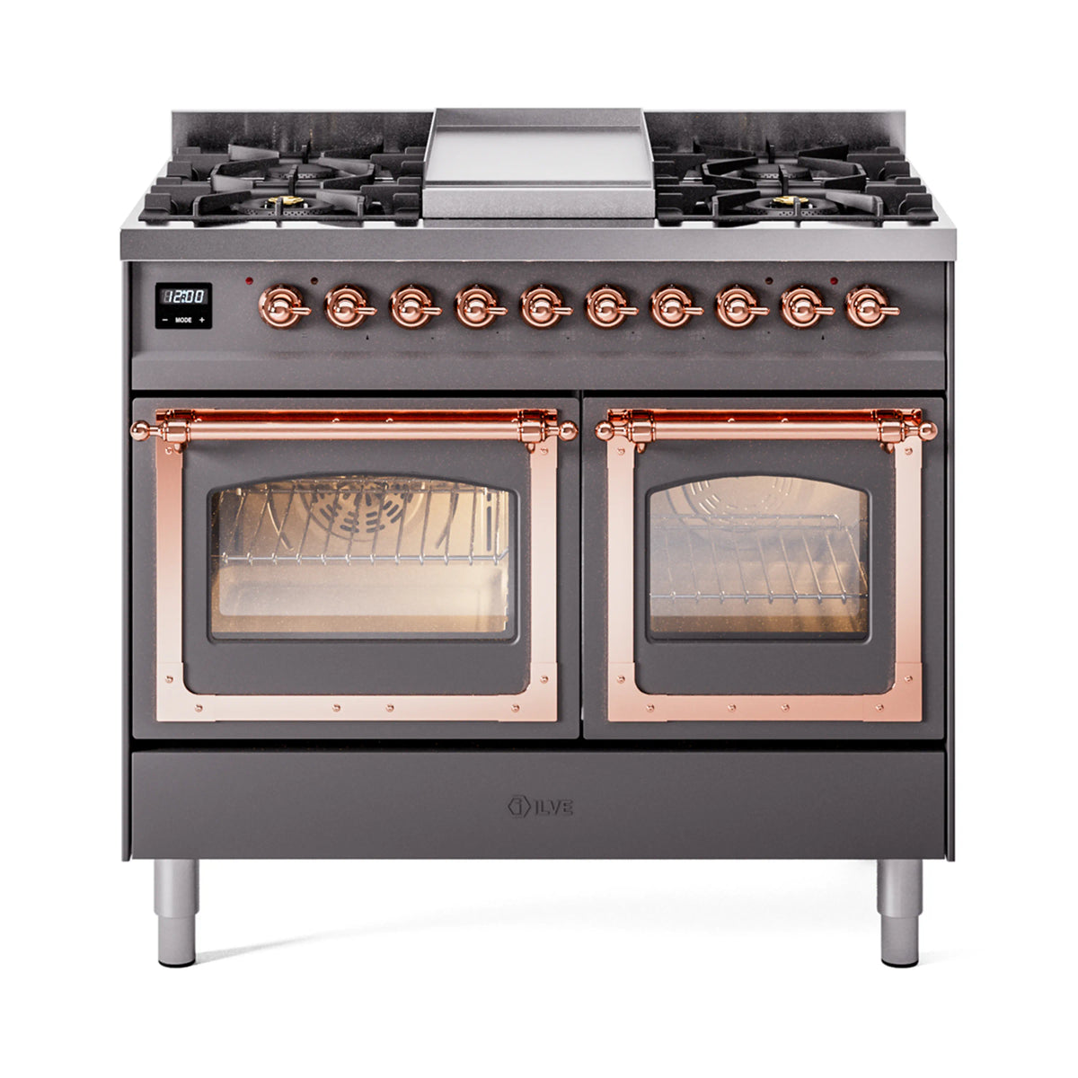 Dual fuel gas range front view with four burners, copper knobs, and two glass ovens