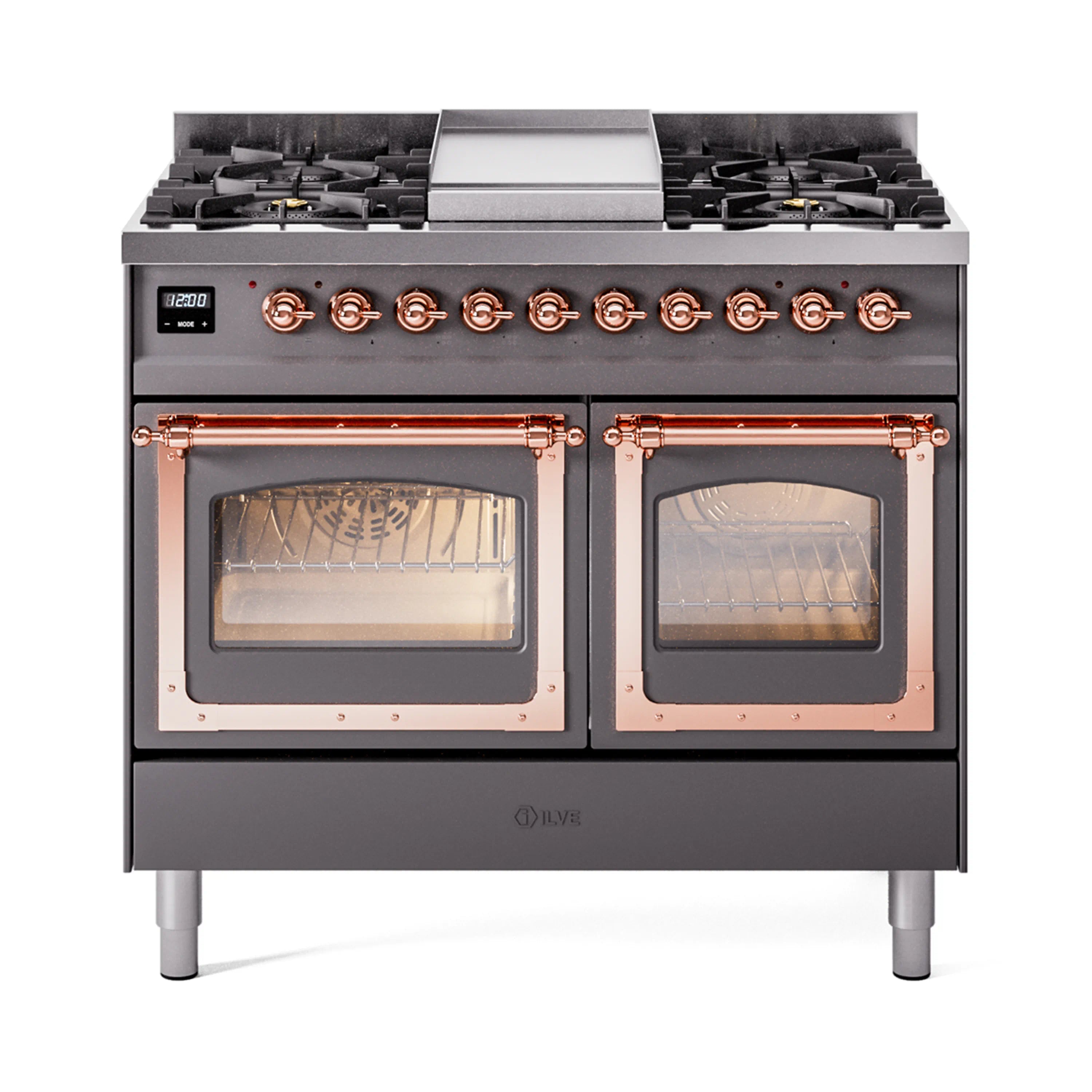 Matte graphite dual fuel range with copper-trimmed triple glass oven doors and gas burners