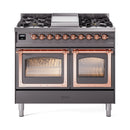 ILVE 40-Inch Nostalgie II Noblesse Natural Gas Dual Fuel Range with Triple Glass Door Oven in Matte Graphite with Copper Trim (UND40FNMPMGP)