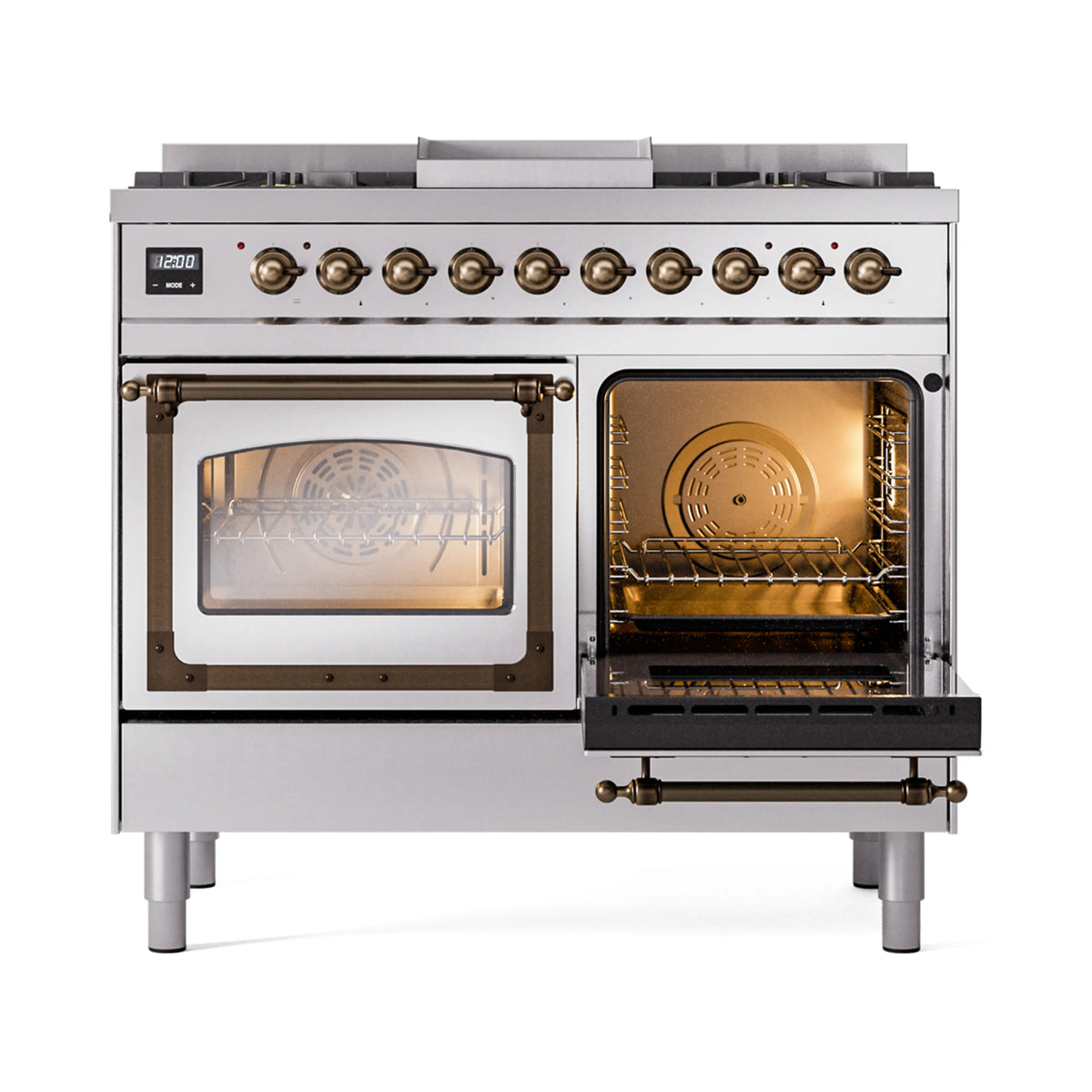 Stainless steel oven doors open on a dual-fuel range, showing interior racks and burners