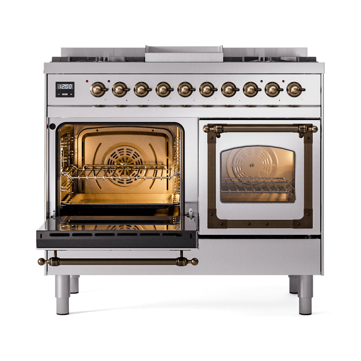 Stainless dual-fuel range showing left oven lit interior and right oven with glass door