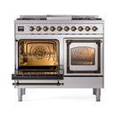 ILVE 40-Inch Nostalgie II Noblesse Natural Gas Dual Fuel Range with Triple Glass Door Oven in Stainless Steel with Bronze Trim (UND40FNMPSSB)