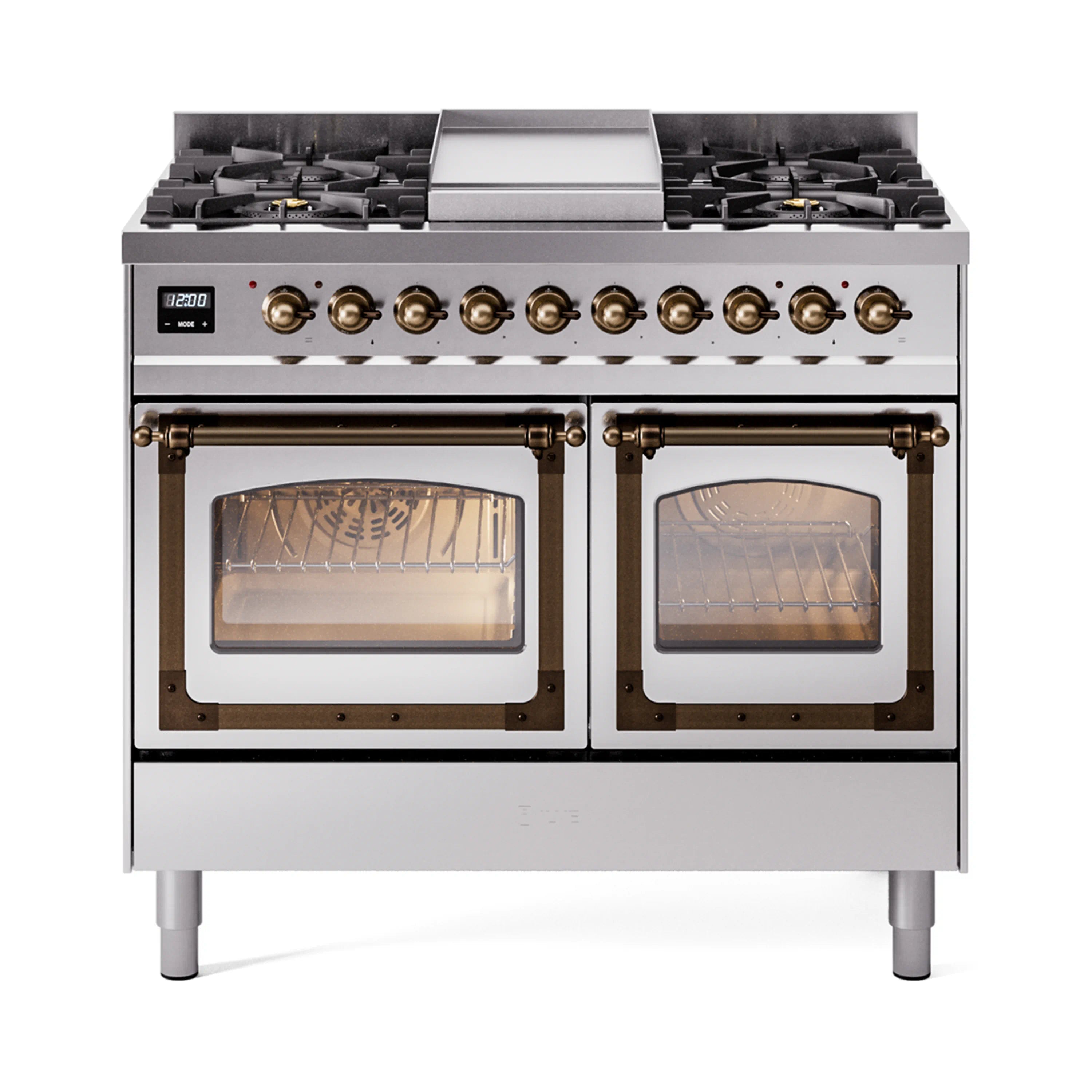 Stainless steel dual-fuel range with bronze-trimmed oven doors and dual glass windows