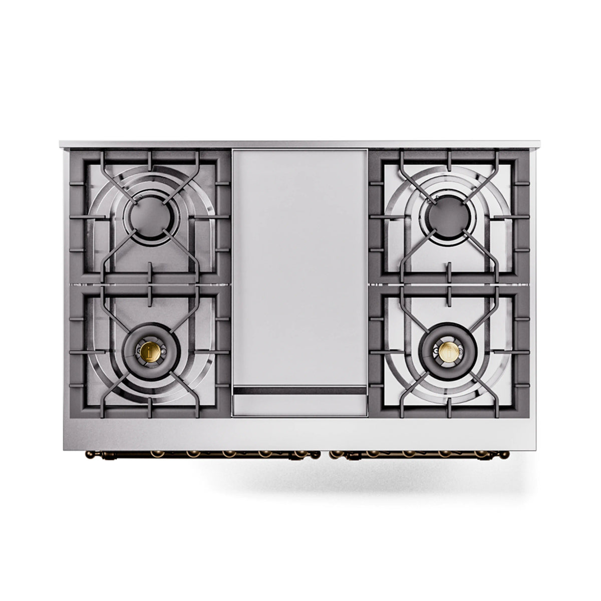 Stainless steel gas range cooktop with two burner grates and central control panel