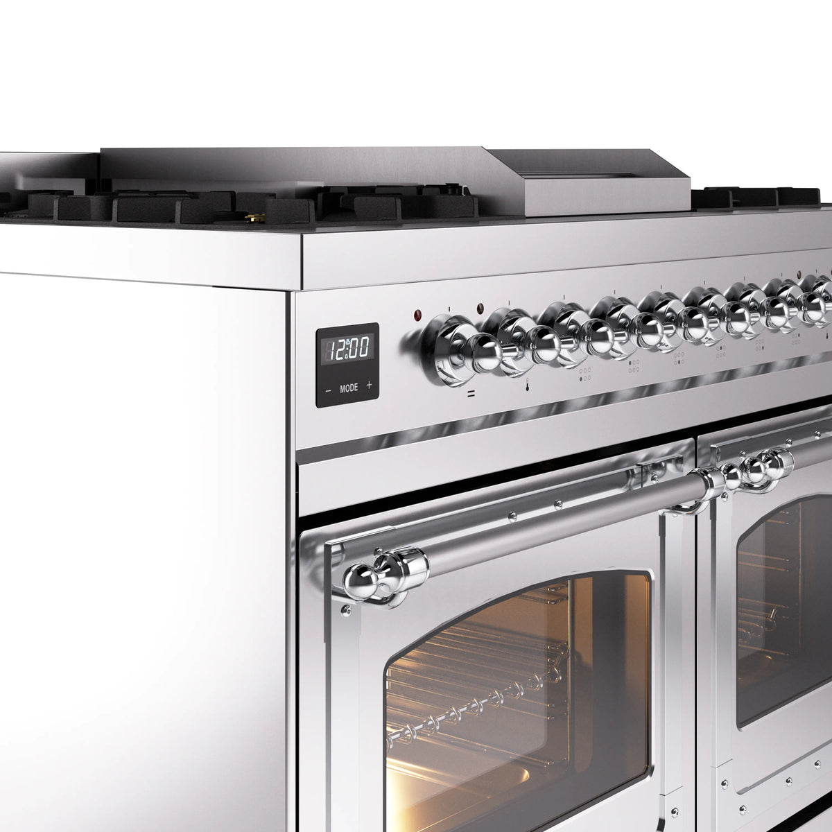 Stainless steel dual fuel gas range control panel and oven door with viewing window