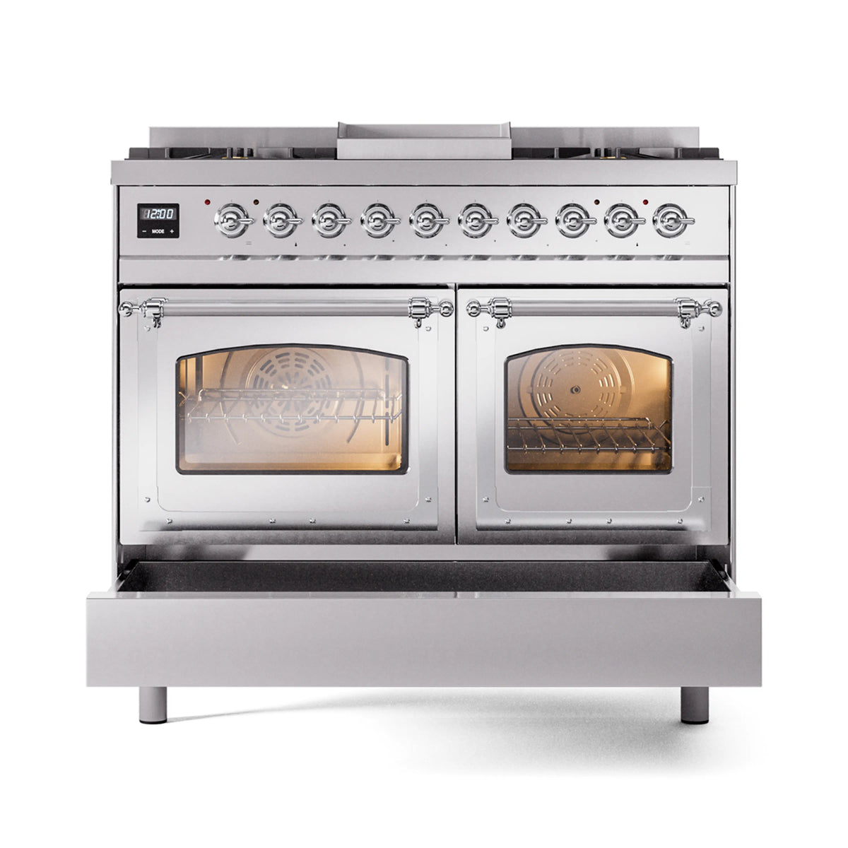 Stainless steel dual fuel range with closed glass oven doors and open drawer