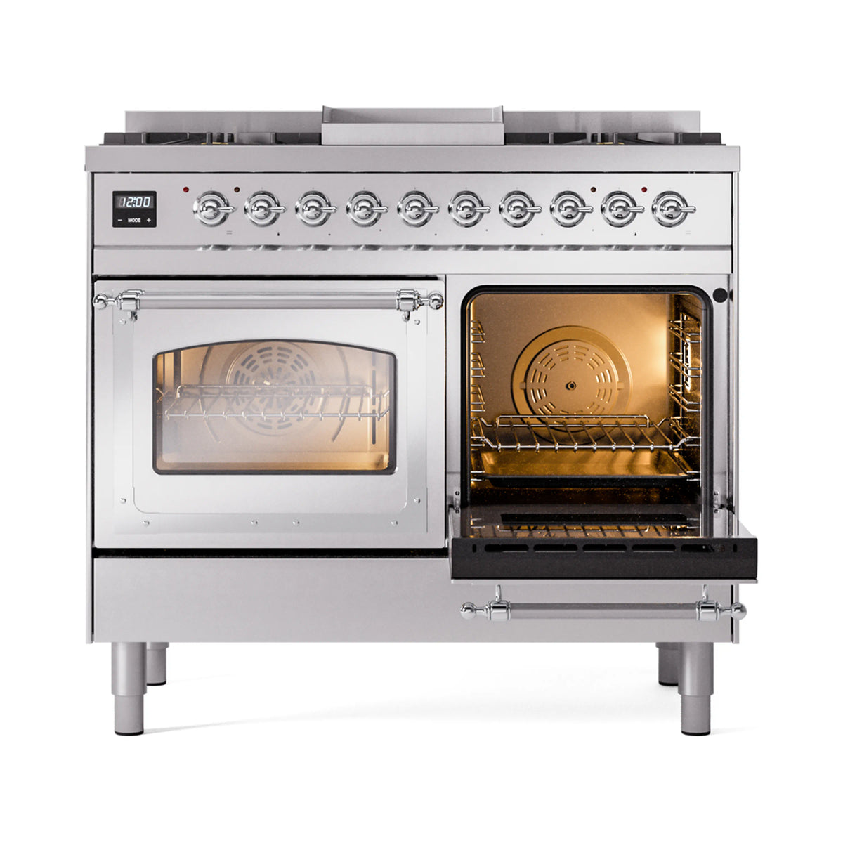 Stainless steel dual fuel range with both oven doors open and racks inside