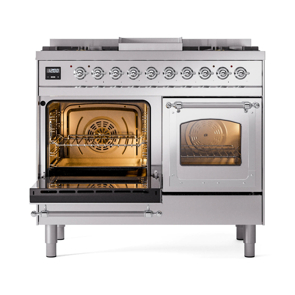 Stainless steel dual fuel gas range with both oven doors open and chrome trim