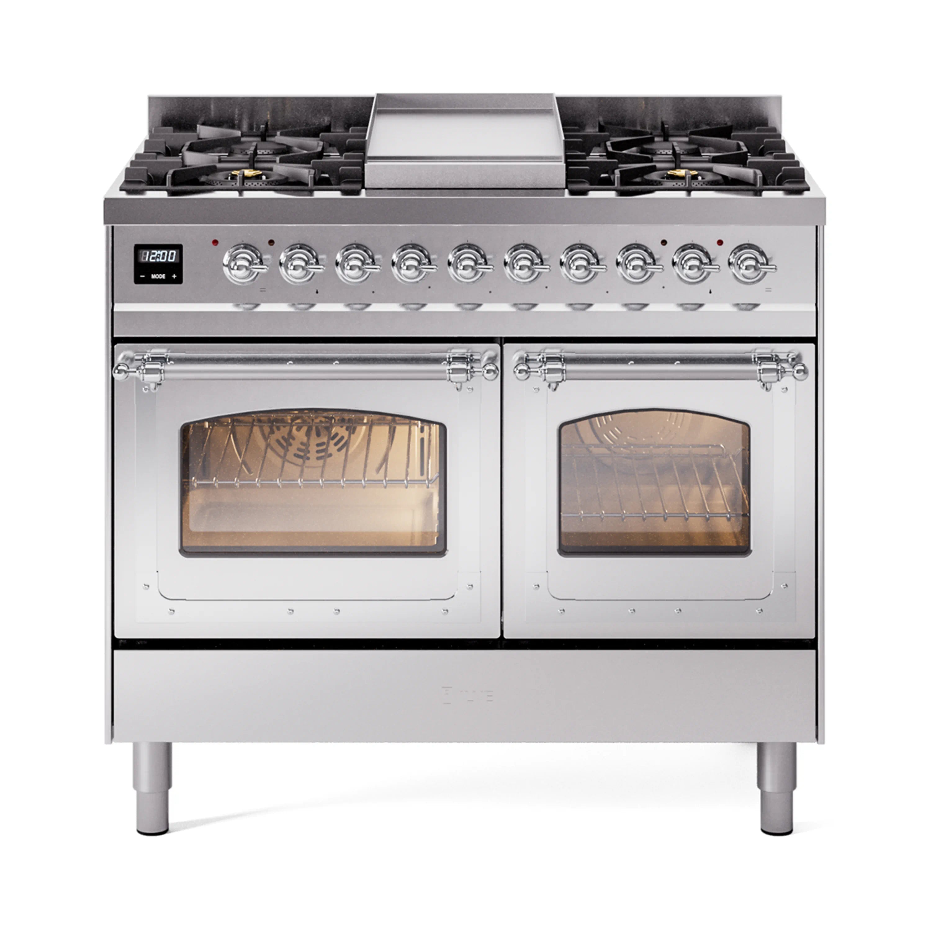 Stainless steel dual fuel range with twin glass oven doors and chrome control panel