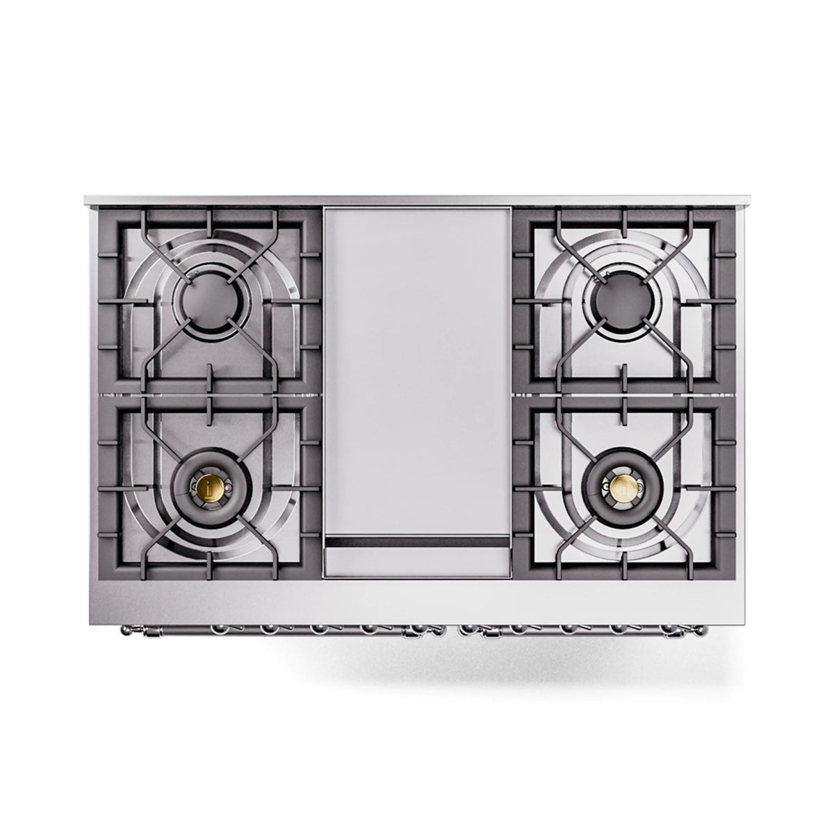 Stainless steel dual fuel gas range cooktop with two burner grates and center bridge