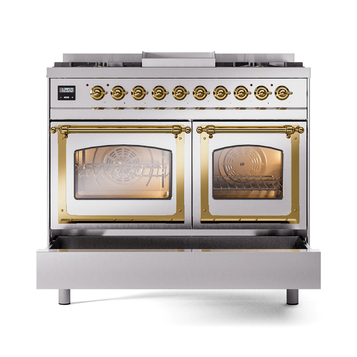 Stainless steel dual oven range with brass trim, both oven doors open and racks inside