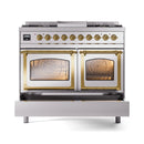 ILVE 40-Inch Nostalgie II Noblesse Natural Gas Dual Fuel Range with Triple Glass Door Oven in Stainless Steel with Brass Trim (UND40FNMPSSG)