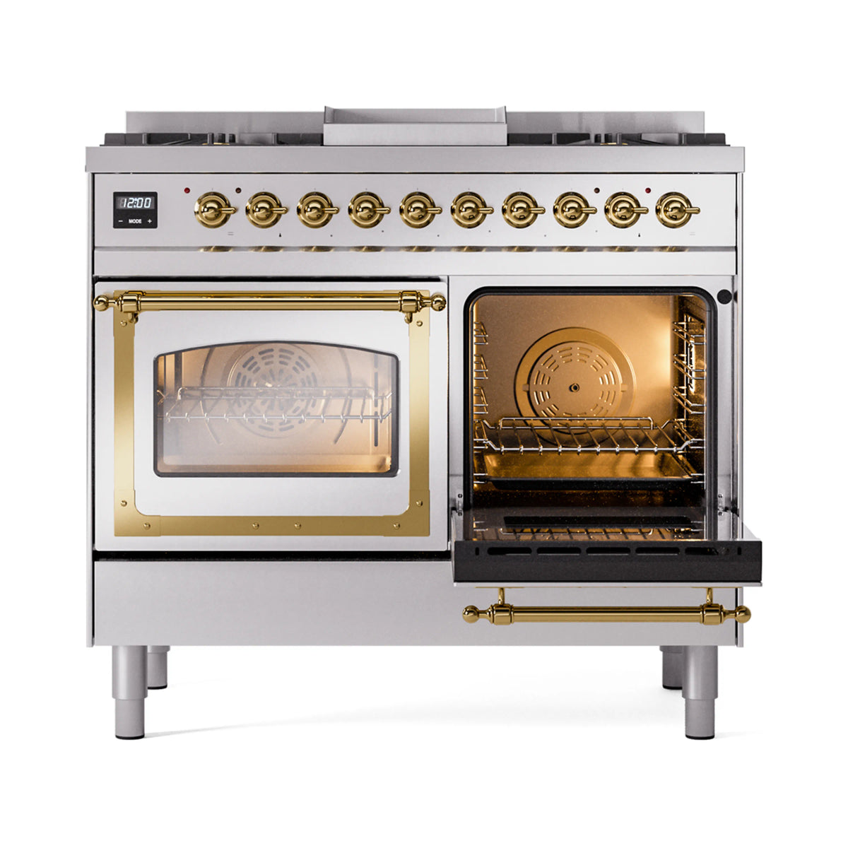 Stainless range with brass trim showing open oven and side-by-side triple-glass doors