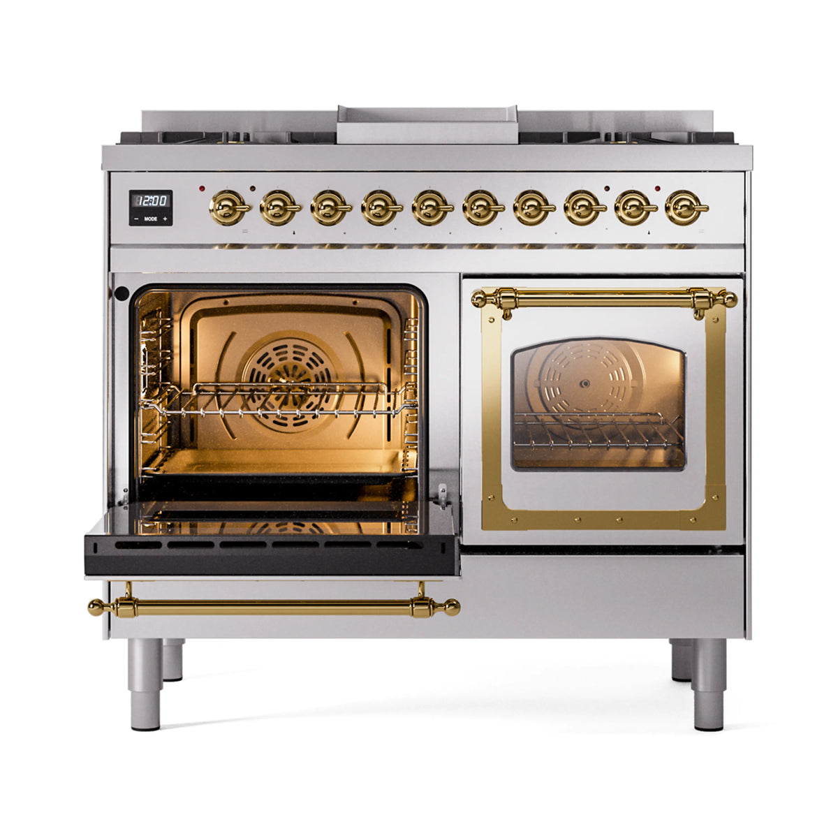 Stainless steel dual fuel range with brass-trimmed open ovens, showing racks inside both doors