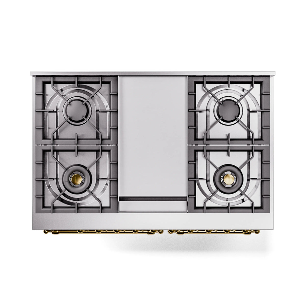 Stainless steel burner layout with four gray gas grates and two central control openings