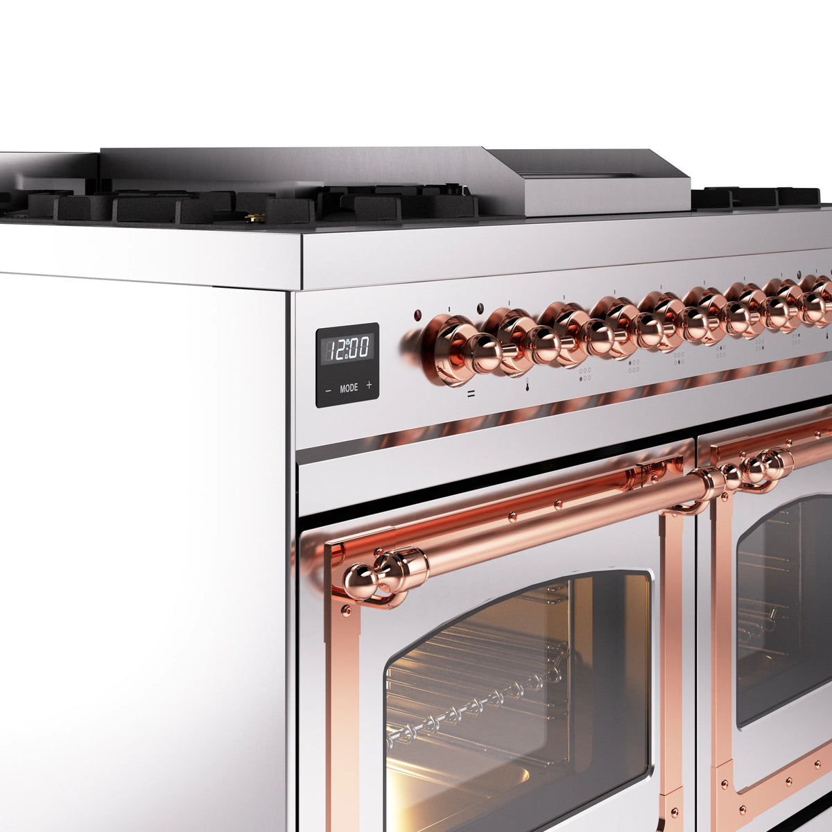 Copper-trimmed control bar and knobs on a stainless steel range