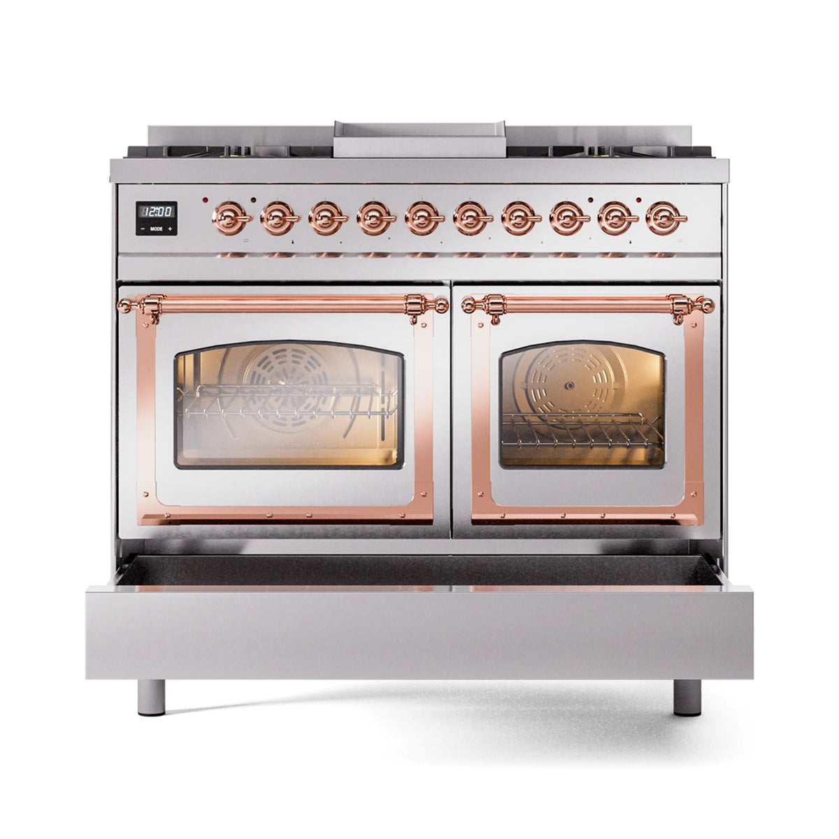 Stainless steel dual fuel range with copper trim, two closed oven doors and burner knobs.