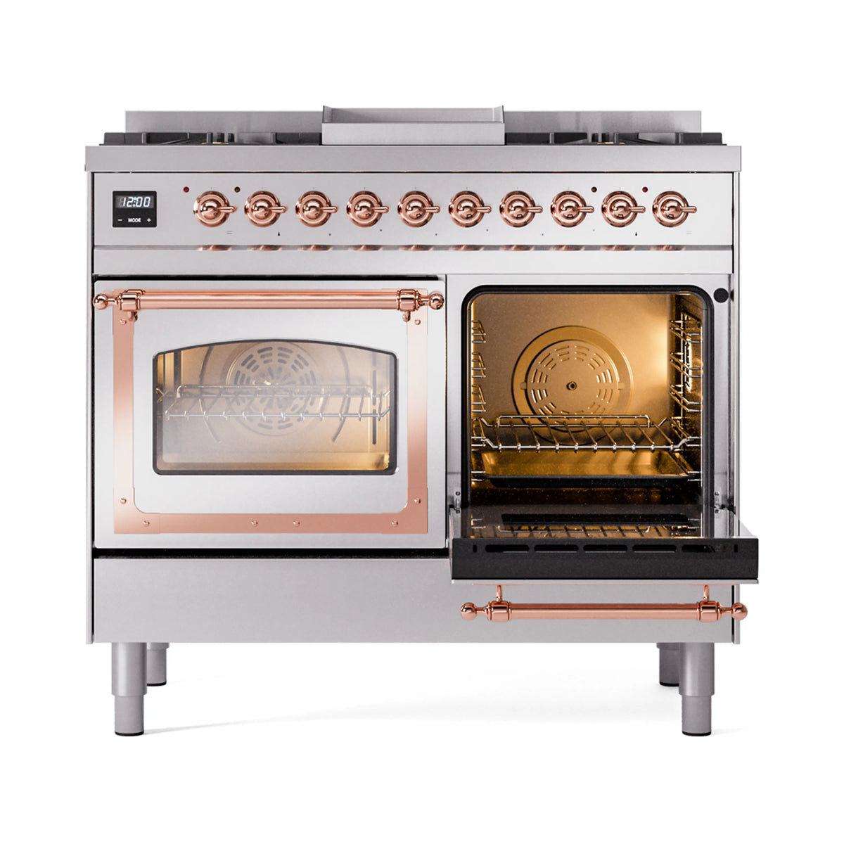 Stainless steel range with right oven door open, copper handle, and oven racks
