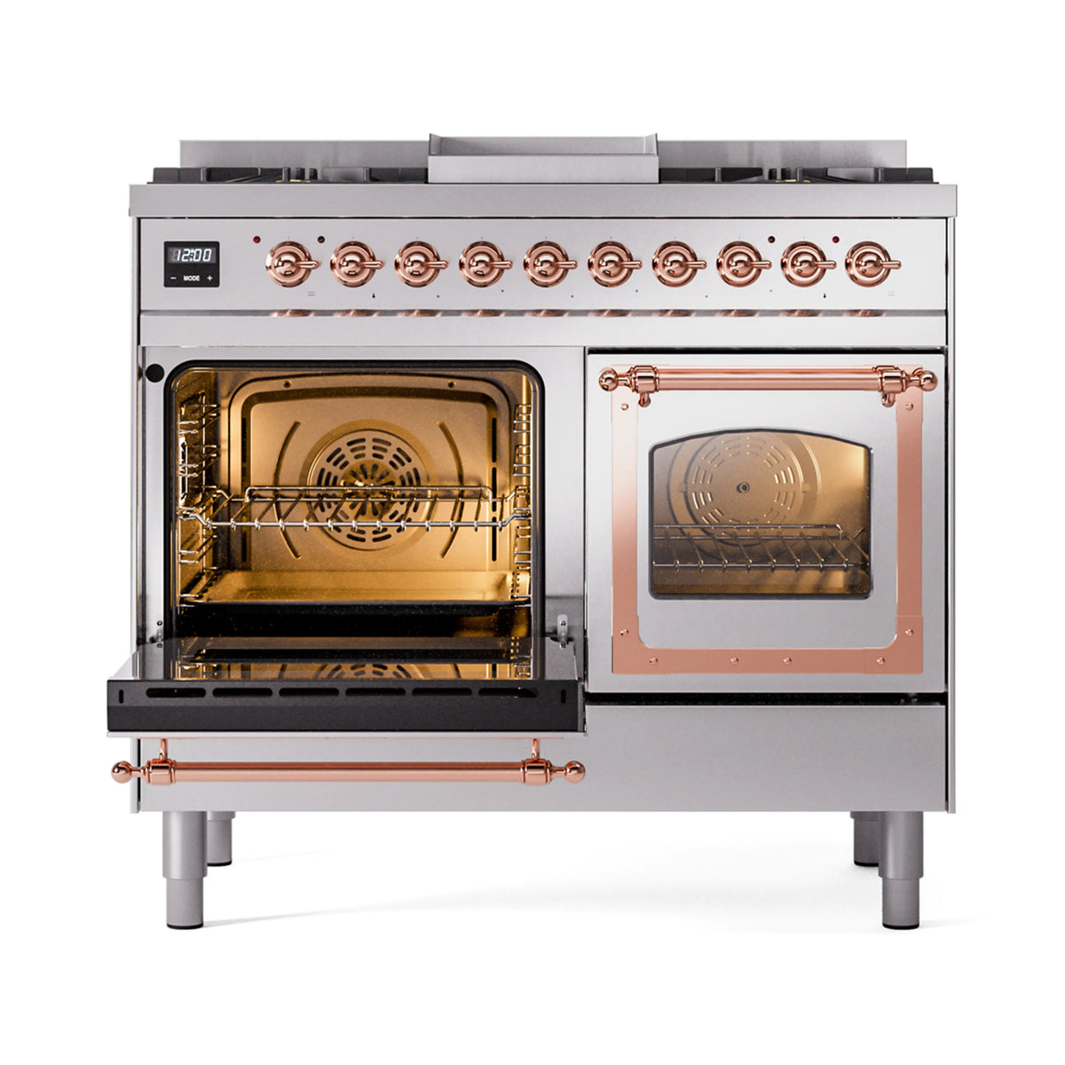 Stainless steel range with left oven door open showing interior racks and heating area