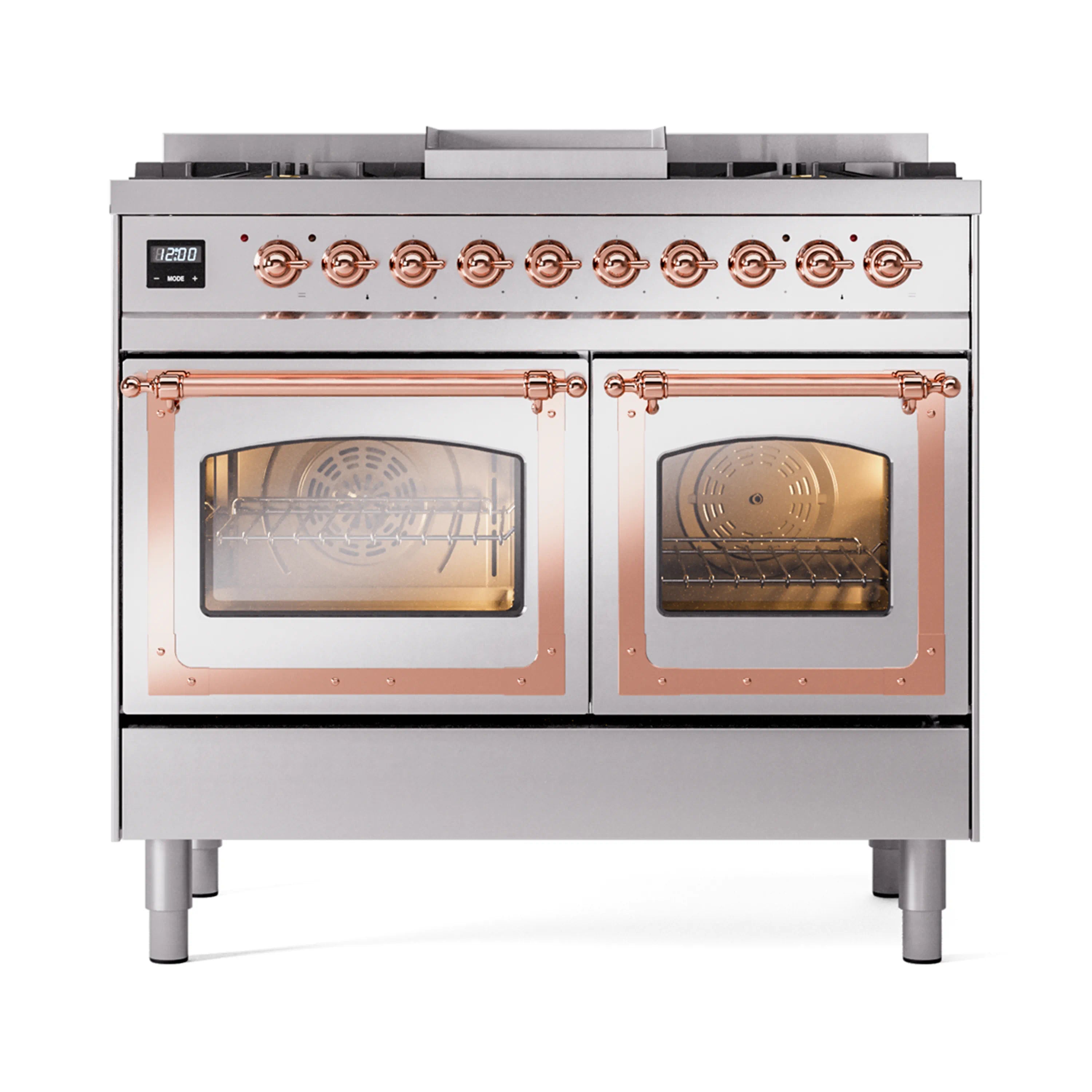 Stainless steel dual fuel range with copper trim, two oven windows and control panel.