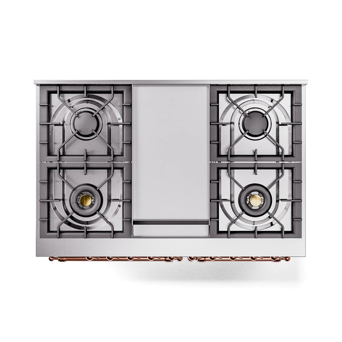 Stainless steel dual fuel range from front with four burner grates and copper trim bar.