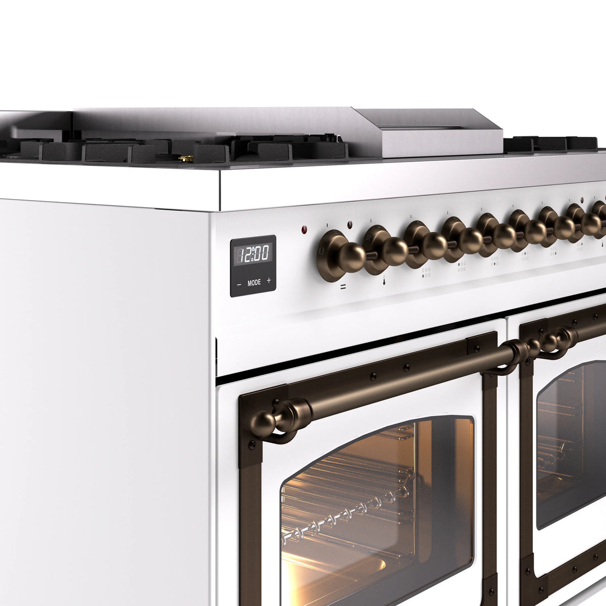 White control panel of dual-fuel gas range with bronze knobs and digital display