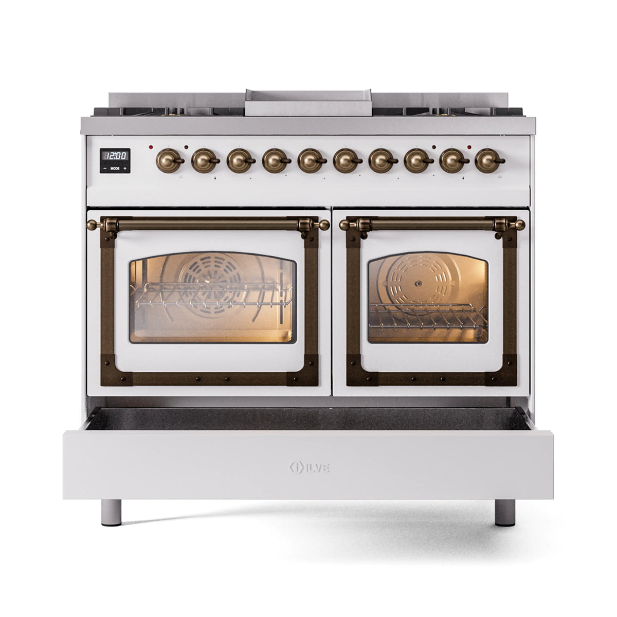 White dual-fuel range with two ovens, closed doors, bronze handles and trim