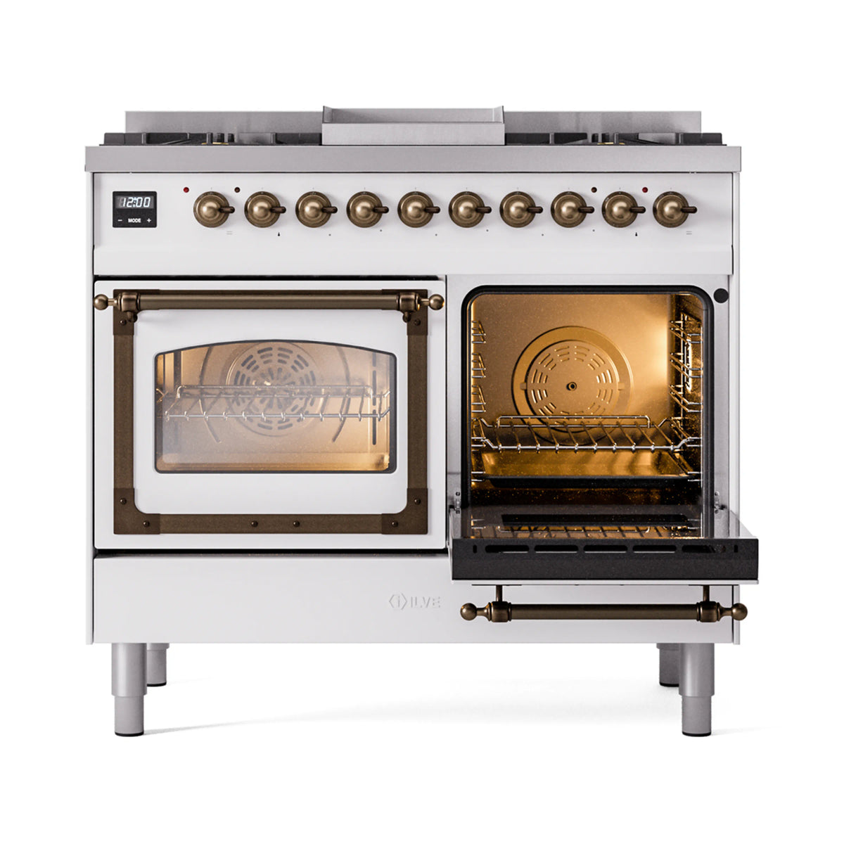 White dual fuel range with one oven door open and one closed, bronze trim