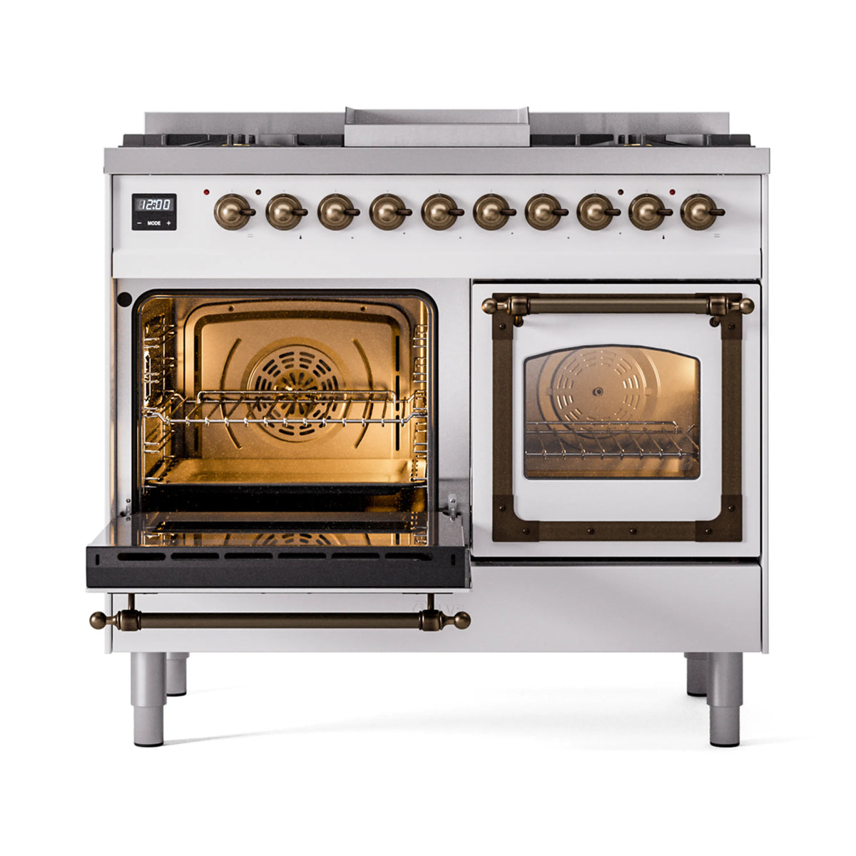 White dual fuel range with bronze-trimmed oven door open, interior racks visible