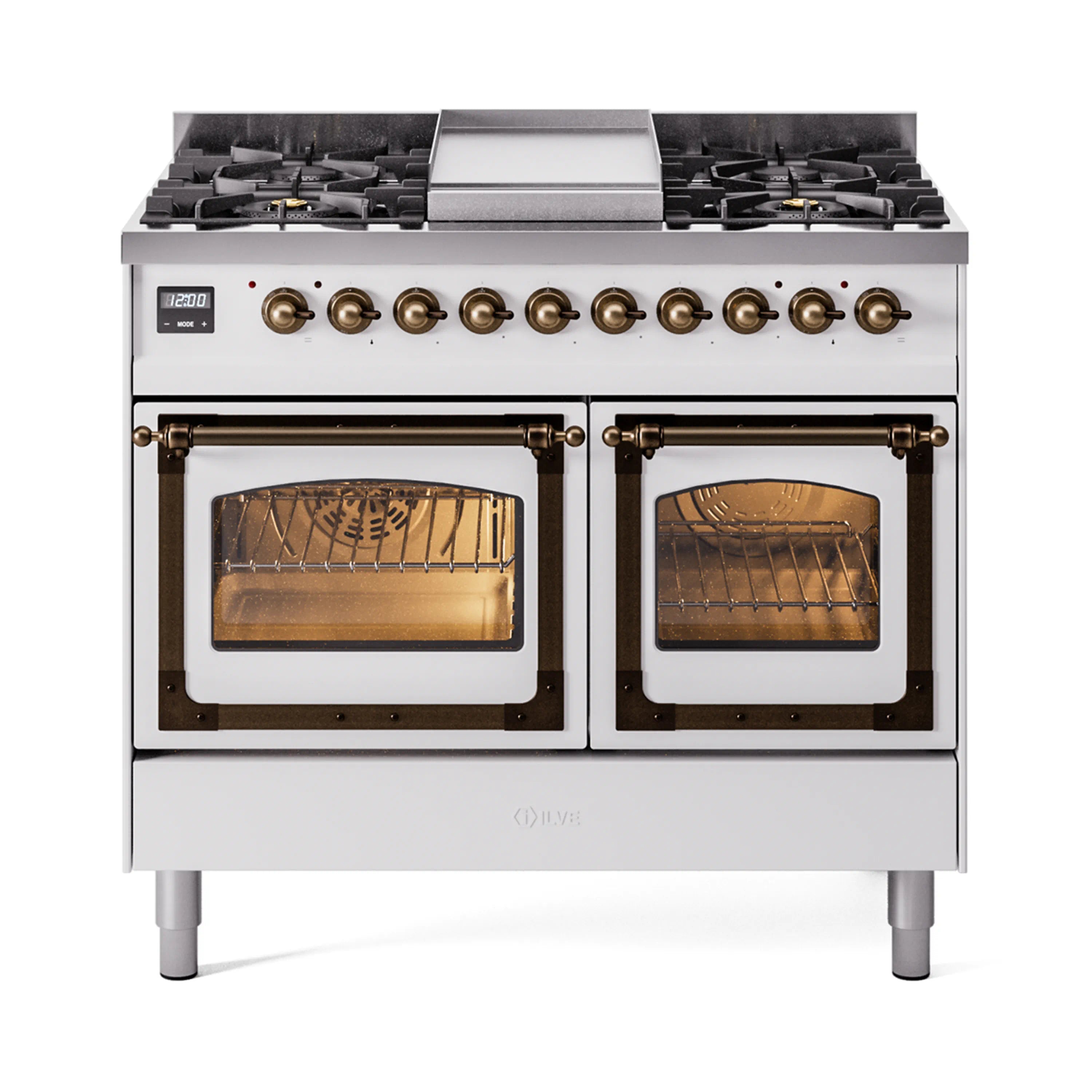 White dual fuel range with bronze trim, two glass oven doors, and gas burners