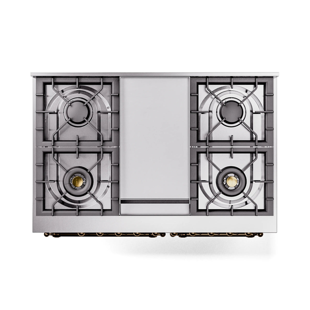 White dual fuel range underside view with two burner grates and support feet