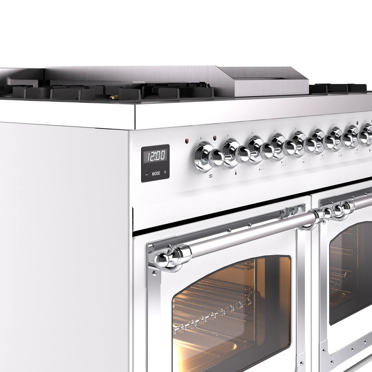 Stainless control panel with chrome knobs and open oven door on a white range