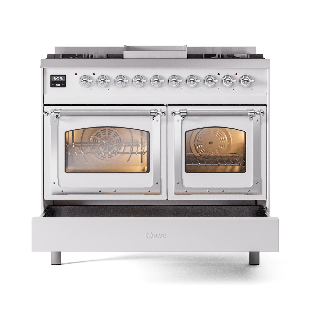 White dual-fuel gas range front view with two oven doors, chrome knobs, and cooktop burners