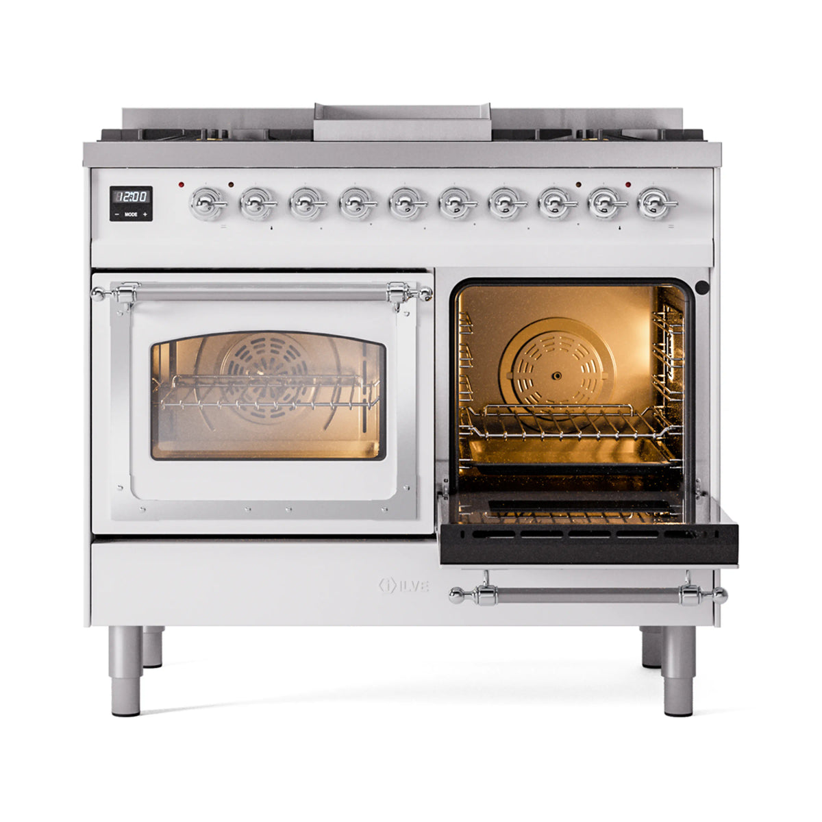 White dual-fuel gas range with left oven closed and right oven open, chrome racks