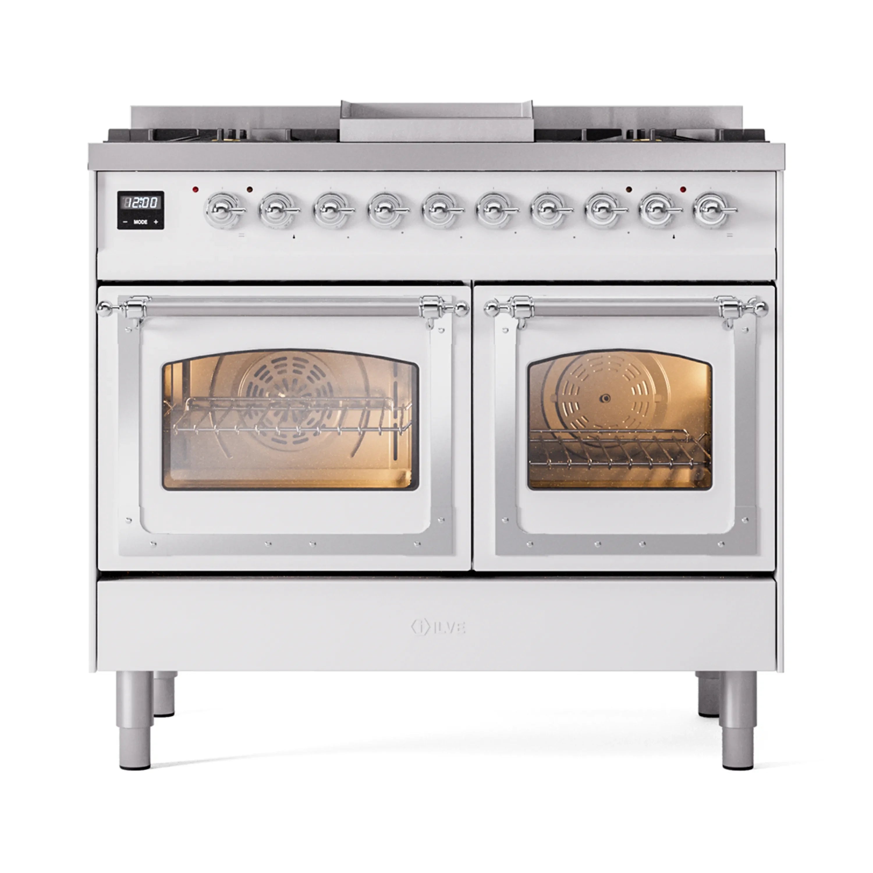 White dual-fuel gas range with chrome controls, griddle cover, and two lit oven chambers