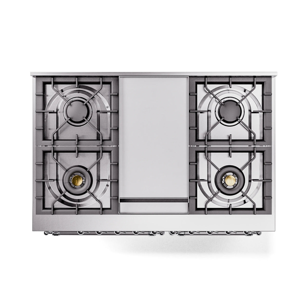 White dual-fuel gas range underside showing four burner grates and central panel