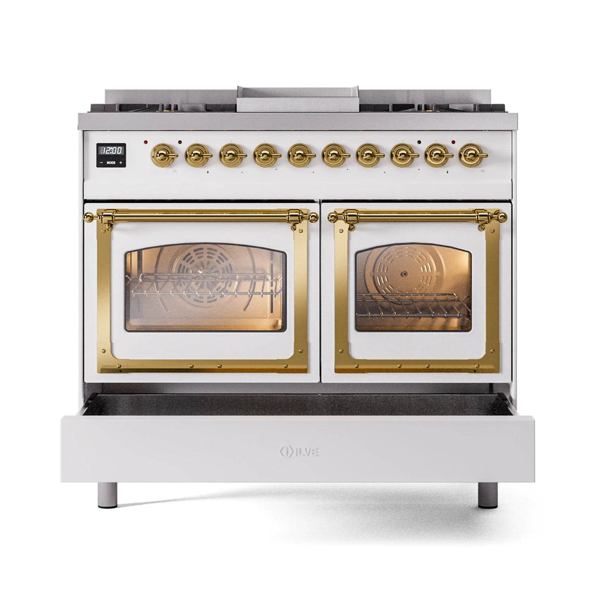 White dual fuel gas range with brass trim, both oven doors open showing interior racks