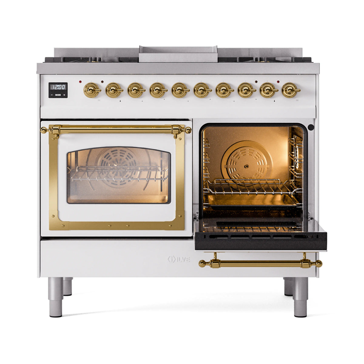 White dual fuel gas range with brass trim, two oven doors open showing interior racks