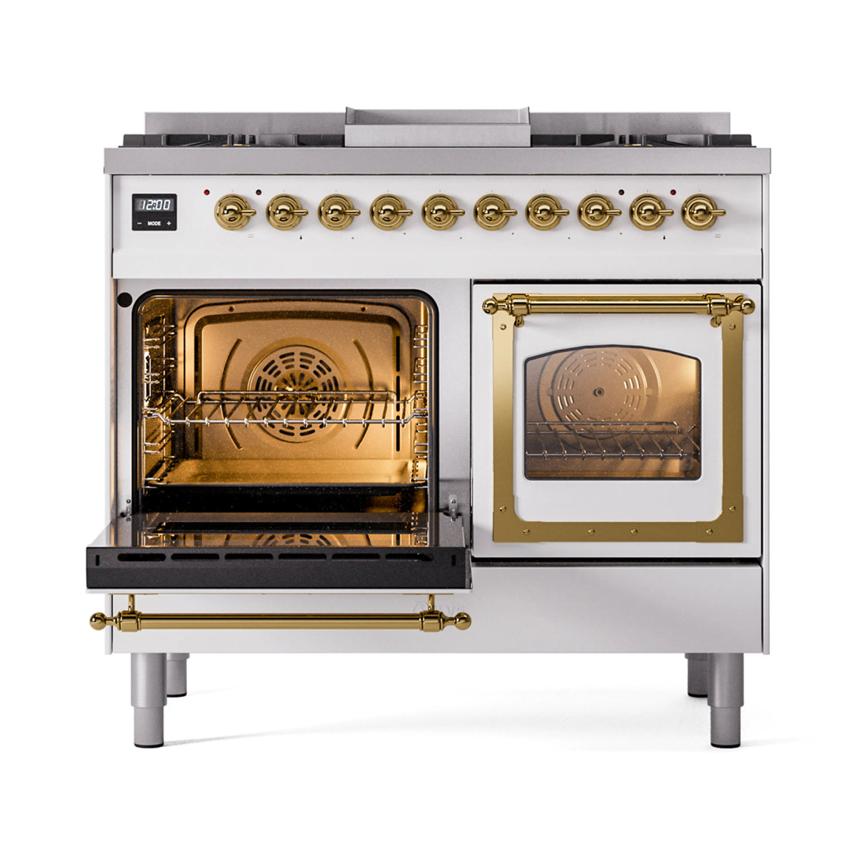 White dual fuel gas range with brass trim, left oven door open and glass window view